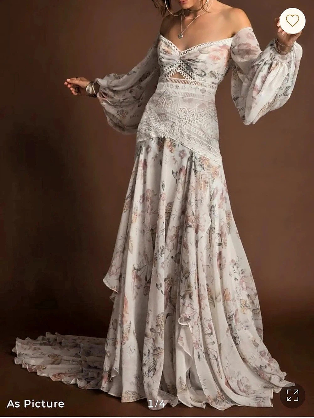 A-Line Off-The-Shoulder Long Sleeves Chapel Train Chiffon/Lace Evening Dresses